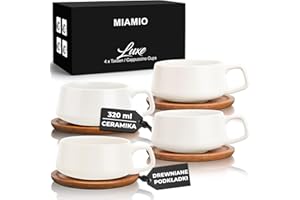 ‎MIAMIO MIAMIO Luxe Zestaw 4 ceramicznych kubków na herbatę i spodeczków bambusowych, 320 ml, szeroki kubek na cappuccino, kawę, latte, espresso, americano, białe