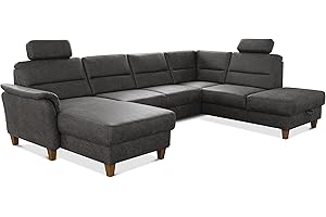 ‎CAVADORE CAVADORE Wohnlandschaft Palera / Federkern-Sofa in U-Form mit 2 Kopfstützen / 314 x 89 x 212 / Mikrofaser in Lederoptik, Dunkelgrau