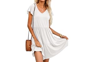 Hotouch Letnia sukienka damska, na czas wolny, jednokolorowa, dekolt w serek, sukienka plażowa z falbankami, krótki rękaw, długość do kolan, luźna sukienka o linii A, z kieszenią