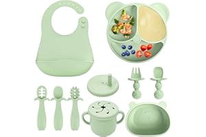 comeder Baby Weaning Set, 10 Pcs Silicone Baby Feeding Set, Baby Led Weaning Feeding Supplies for Toddlers, Baby Plates and Bowls Sets with Adjustable Bib, Food Plate Kit, Fork & Spoon (Green)