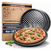 TOPANBIETER 999 Pizza Trays, Set of 4, Diameter 32 cm, Round, Inner 29 cm, Perforated Steel Tray for Pizza and Flamenco Take,