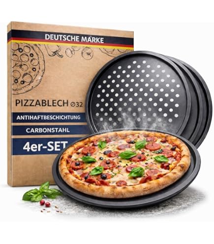 4x pizzaplaat, antiaanbak, voor pizza & flammkuchen, bakplaat, ∅ 32 cm, carbonstaal, antracietkleur