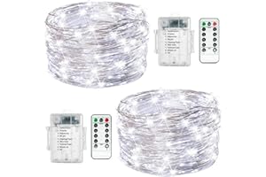 FANSIR Fairy String Lights, 2 Set Total 66ft 200 Led Fairy Lights Battery Operated Silver Wire Light with Remote 8 Modes Waterproof Light for Home Bedroom Party Christmas Tree Decor (Cool White)