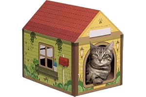 SEKAM Maison en carton pour chat avec griffoir/herbe à chat, (41,9 cm (L) x 30,5 cm (l) x 38,1 cm (H) - Maison de jeu pour chats d'intérieur - Espace personnalisé pour les chatons, cabane de forêt