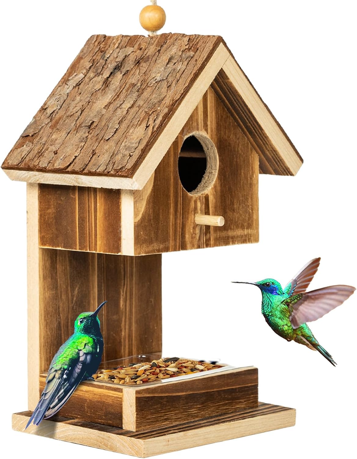 Casas para pájaros para colgar en el exterior, comedero para colibríes, cardenal, zorrillo, pájaros silvestres, pequeña casa de pájaros de madera natural para casas de campo, casa de campo, decoración
