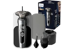 Philips Rasoir électrique Series 9000 Prestige, chrome brillant, système de rasage Lift & Cut, technologie SkinIQ, styler la barbe, tondre le nez, socle de recharge Qi, (modèle SP9885/35)
