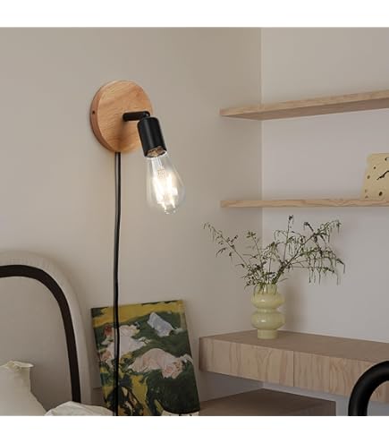 SUNLLOK Modern Plug In Bamboo Wall Light Fixture With Switch - Round