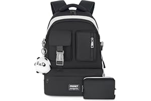 FRONET Cartable Fille Primaire Élémentaire Sac à Dos Fille Collège Femme Enfant Scolaire, Sacs d'école Garçon Adolescent Loisir Voyage, 8 9 10 11 12 13 14 15 16 17 18 Ans CE2 CM1 2 CP 6E Noir Rose Kawaii