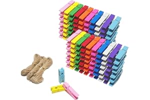 ‎CUWELT CUWELT 250 x Farbige Holzklammern Mini mit Juteschnur, 3,5CM Bunte Kleine Klammer, DekoKlammern, Wäscheklammer für Fotopapier Fotowand Clothespins DIY Handwerks Basteldekoration mit 30m Jute Twine