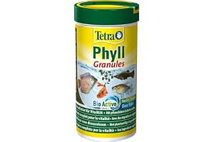 TetraPhyll Granuler – fiskfoder för alla växtätande prydnadsfiskar, granulatfoder med viktiga fibrer, 250 ml burk