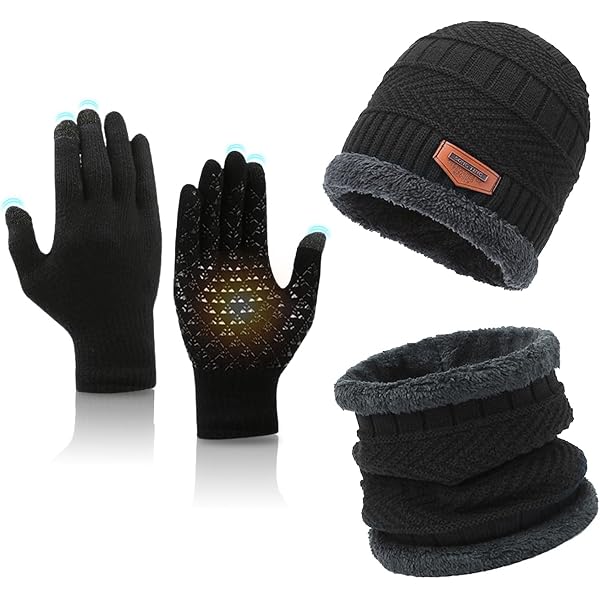 Winter-Set: Strickmütze Mit Plüschfutter & Touchscreen-taugliche Handschuhe (schwarz)