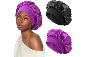 AliLeader Silk Hair Wrap for Sleeping, 2Pcs Soft Silk Bonnet for Sleeping, Colorful Satin Bonnet Sleep Cap for Curly Hair, Hair Bonnet for Sleeping, Bonnets for Black Hair (Black+Purple)