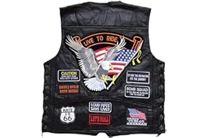 CAIGE Vest en Cuir de Moto pour Hommes American Drapeau Aigle Eagle Brodé PU Gilet