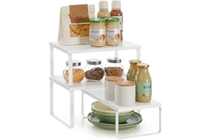 SONGMICS Organizzatori Armadio da Cucina, Set di 3 Scafali da Banco, Impilabili, Portaspezie Espandibile, in Metallo e Legno Ingegnerizzato, Bianco Opaco e Bianco Neve KCS220W01