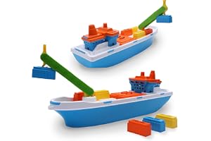 Toyland® 41cm (16") Färgglatt Lastfartyg med Rörliga Dörrar, Kran och 6 Plastbehållare - Flytande Vattenleksak för Barn - Poo
