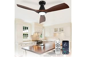 ‎DEPULEY Depuley 42-Zoll-Deckenventilatoren mit Licht: Walnuss 3 Flügel Flush Mount Low Deckenventilator für Schlafzimmer - Dimmbarer Innenventilator mit APP-Fernbedienung Ultraleiser DC-Motor Zeitschaltuhr