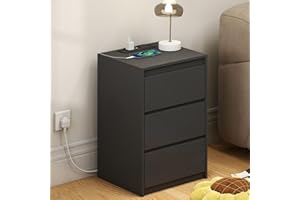 YOSHOOT Bedside Table, Nightstand with 3 Drawers and Power Station, Modern End Table, Wooden Storage Side Cabinet for Living Room Bedroom, 40 * 35 * 59.5cm (Black)