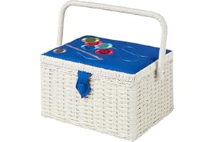 SEWING ONLINE Medium Sewing Box, Wicker Effect with an Embroidered Buttons on Blue Fabric Lid, 26 x 19 x 15cm