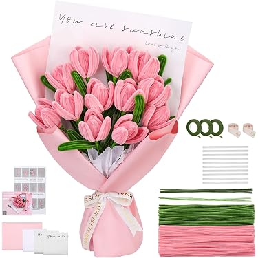 400 Cures-Pipes Chenille + Tiges Pour Bouquet De Tulipes DIY - Kit Créatif Avec Instructions, Papier Cadeau, Colle Chaude