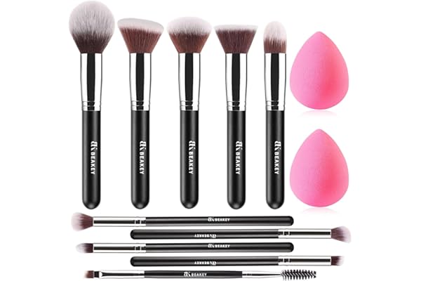 BEAKEY Pinceaux Maquillages Professionnel, Pinceau Maquillage Pour Fond de Teint Blush L'anti-cernes Fard à Paupières Poudre Libre, Avec Blender Eponge(10+2pcs, Noir/Argent)