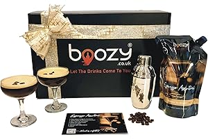 BOOZY.CO.UK LET THE DRINKS COME TO YOU Boozy Espresso Martini Cocktail Shaker Set In Gift Box, With Glasses & Shaker, 500ml, 5 servings, 18% ABV, Premixed Cocktail, Shaker, x2 Ravenhead Glasses