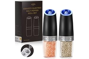 Sangcon Gravity Molinillo Eléctrico de Pimienta y Sal Set - Funcionamiento con una sola mano, sin esfuerzo, con luz LED, grosor ajustable, capacidad mejorada - Funciona con pilas, pack de 2