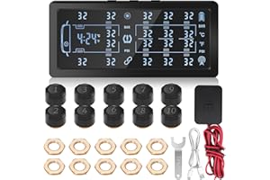 Avutrel TPMS - Sistema de monitoreo de presión de neumáticos con carga solar y USB con 10 sensores externos, pantalla LCD y alarma de voz, ajustable para ruedas 4/6/8/10 para coche, camión, remolque