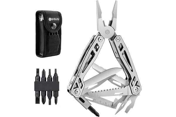 BIBURY Pince Multifonction, Camping Multitools en Acier inoxydable, Outil de Poche avec Couteau, Saw, Tournevis, Multi Tool Couteau Suisse pour Survie Camping Réparation - Bordure Noire
