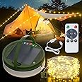 PChero Solar Camping String Lights with Remote, 10M 100 LED Outdoor Waterproof Portable Stowable String Light USB Camping Fairy Lights Rechargeable for Tents Campsite Garden Patio Yard Décor