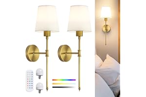 LuminexDesigns Rechargeable Wireless Wall Sconce Lights Set of 2 – Vintage Elegant Fabric Shade Magnetic RGB Bulb with Remote Control, Battery Operated Wall Lights for Bedroom & Living Room, Gold