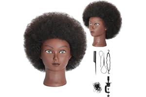SK-QACD Cabeza de maniquí afro rizado con cabello 100% humano, pelo rizado, peluquería, cosmetología, cabeza de maniquí para peluquería, práctica, peinado, teñido trenzado, con soporte de abrazadera