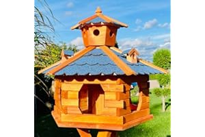 DARLUX Mangeoire hexagonale en bois fabriquée à la main - Résistant aux intempéries - Tailles M à XL - Avec et sans support - Taille XXL - Sans support - Bleu - Marron