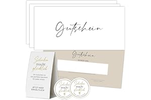 ‎EUMMEL Eummel Gutscheinkarten zum Selbstausfüllen (50er DIN Lang) - Blanko Gutscheine zum Ausfüllen als Vorlage | inklusiv Aufsteller & Aufkleber | Gutscheinvorlagen auf 300g Cremepapier