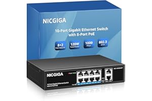 NICGIGA 8 Ports Gigabit PoE Switch, 8 Ports PoE@ 120 W+ 2 Gigabit Uplink, Desktop / Wall Mount, Sturdy Metal Fanless Housing , Plug and Play, Non géré