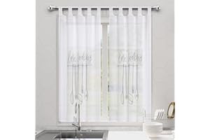 DALINA TEXTIL S.L Dalina Textil - Cortina de Cocina Translúcido con Dibujos, Visillo Transparente para Cocina, Comedor, Marco de Puerta 2 Piezas Tejido Gasa Fina (Cooking, 100x140cm)