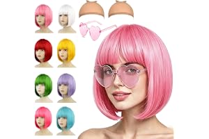 Korta baby rosa bob-peruker för kvinnor, 4-pack kvinnors rosa perukuppsättning med solglasskyppa, färgad peruk neon festacces