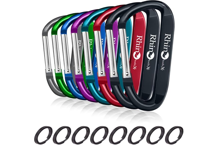 Rhino Produxs Lightweight duty Snap Carabiner Clips with Keyrings, D Ring Shape Carabiner with Keyrings - Excellent for Outdoor, Camping, Hiking, Keychains, Water Bottle, Keychain Hook