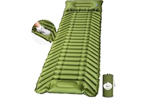 Camping Isomatte Selbstaufblasend für 2 Personen, Ultraleicht Luftmatratze mit integrierten Kopfkissen, Fußpresse Pumpe, Klei
