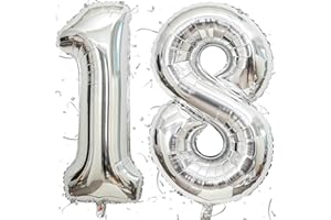 KAINSY Luftballon Geburtstag Nr. 18 XXL Silber - Riesen Folienballon in 40" | 101cm Geburtstagsdeko | Ballon Zahl Deko zum Geburtstag | fliegt mit Helium (Zahl 18)