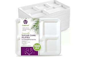 GoBeTree 100 Assiettes jetables de 26 cm avec 5 compartiments. Assiettes en canne à sucre, Vaisselle jetable ultra-résistante de couleur blanche.