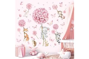 ‎DECALMILE decalmile Wandsticker Tiere Pusteblume Wandtattoo Blumen Rosa Löwenzahn Elefant Fuchs Wandaufkleber Kinderzimmer Babyzimmer Mädchenzimmer Wanddeko