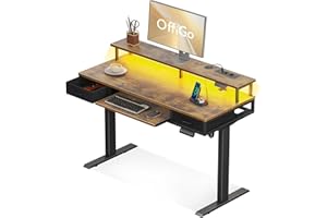 OffiGo Biurko elektryczne z regulacją wysokości, 120 cm, z 2 szufladami, biurko ze stojakiem na monitor i półką na klawiaturę do biura, styl vintage, brązowe