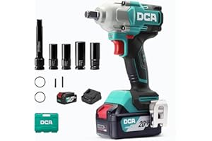 DCA Clé à chocs sans fil 20V Brushless, 682 Nm de couple max, enclume à anneau 13 mm, 2* batterie Li-ion 4000 mAh, 4 modes, lampe LED, design compact, fonction Smart Loosen ADPB520