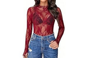 ROSVAJFY Haut transparent avec dentelle à manches longues avec dentelle en maille