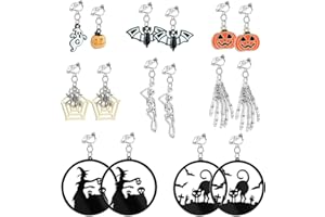 HIFOT 8 Paires Halloween Boucles d'oreilles Clip Pour Femmes Enfants, Citrouille Araignée Squelette Boucles d'oreilles Horreurs d'Halloween Cadeau de fête Accessoires de bijouterie