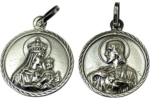 EMPATHY JEWELS Medalla Virgen del Carmen de Plata de Ley de 925 mm, de 20 mm de diametro. Colgante escapulario con Virgen del Carmen por un lado y el corazón de jesús por el otro