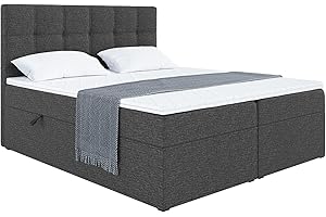 ‎MEBLINI MEBLINI Boxspringbett mit Bettkasten - Gepolstert Doppelbett mit Matratze und Topper - Polsterbett mit Stauraum - Bett mit Kopfteil - Stauraumbett - NILS - 140x200 - H3/Dunkelgrau Webstoff