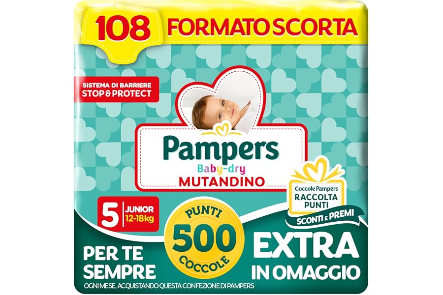 Pampers Baby Dry Mutandino Jr, Taglia 5 (12-18 kg), 108 Pannolini Bambino
