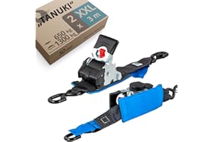 valonic Tanuki - 2X 3m XXL eslingas automáticas con carraca y Gancho, 50mm, 650/1300 Kg, Acolchado, EN-12195-2 - cinchas de Amarre con trinquete, para Sup Board o Moto, Negro