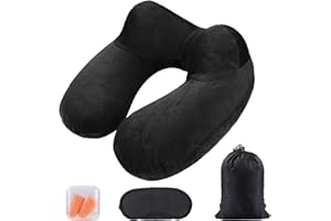 AiQInu Gonflable,Compact Coussin de Voyage avec Taie d'oreiller Lavable, avec Masque pour Dormir+ Bouchons d’Oreilles + Sac Transport,pour Avion et Train